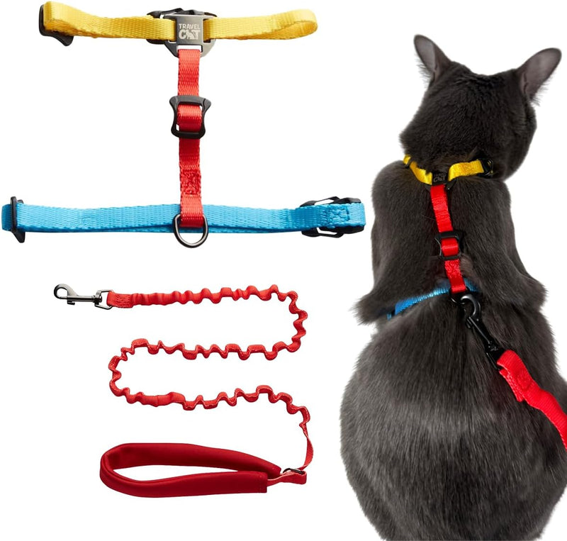 Travel Cat Harness and Bungee Leash Set - 2 in 1 Adjustable Escape Proof Cat Harness & Leash for Small, Medium, Large Ca