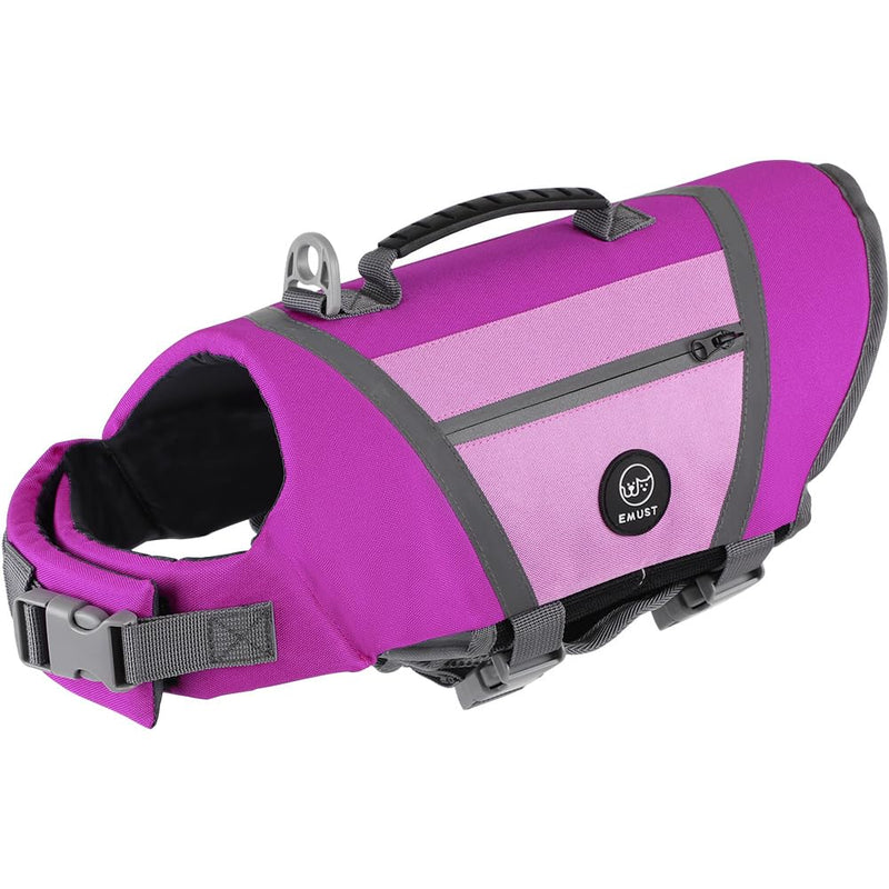 EMUST Dog Flotation Vest, High Visibility Life Vests for Dogs with High Buoyancy, Heavy-Duty Dog Life Jackets for Large Dogs with Adjustable Straps for Pugs, Boxers, Basset Hounds, Purple, L