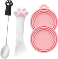 4 PCS Pet Food Can Accessory Set, Reusable Pink Silicone Can Lids with Feeding Shovel and Stainless Steel Spoon for Cat 
