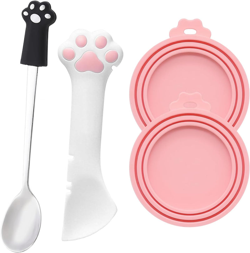 4 PCS Pet Food Can Accessory Set, Reusable Pink Silicone Can Lids with Feeding Shovel and Stainless Steel Spoon for Cat 