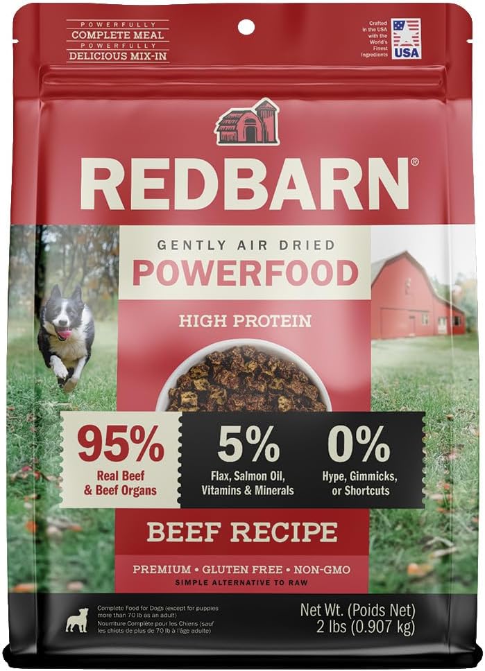 Redbarn Powerfood Air Dried Dog Food - 95% Beef & Beef Organs - High Protein Grain-Free Non-GMO Premium Dry Full Feed or Topper Made in USA with Omega 3 Salmon Oil Flaxseed - 2lb