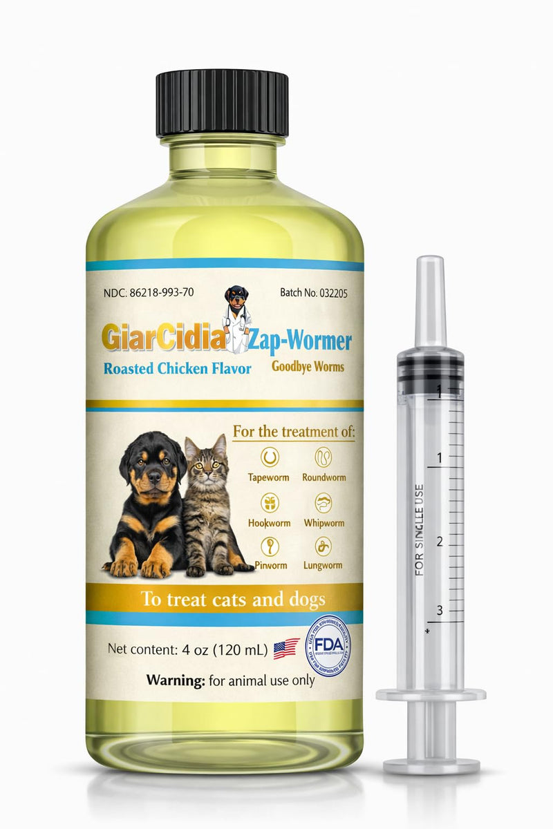 No More Worms in Cats and Dogs- Dewormer for Cats and Dewormer for Dogs - Chicken and Milk Flavours 120 mL / 4 oz Glass Bottle – Includes 3 mL Dropper with Cap (Chicken Flavor)