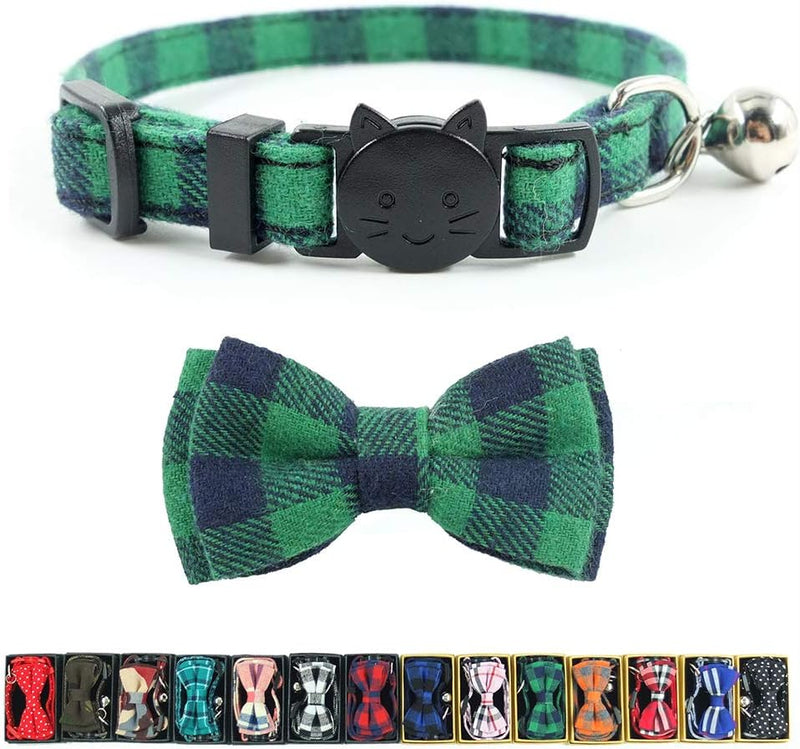 Cat Collar Breakaway with Bell and Bow Tie, Plaid Design Adjustable Safety Kitty Kitten Collars(6.8-10.8in) (Green Plaid