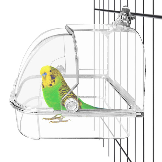 Tfwadmx Bird Cage Bath Hanging Parrot Bath Tub Water Shower Food Feeder Holder Tray Bird Bath Supplies for Small Birds Canary Budgies Cockatiel Lovebirds (Transparent)