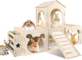 Extra Large Rabbit Castle, Wooden Bunny House & Hay Feeder, Detachable Rabbit Hideaway, Indoor Rabbit Castle with Ramp, 