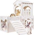 Large Rabbit House, Wooden Bunny Castle with 3 Houses Indoor, Rabbit Guinea Pig Cage Multistory Climbing Tower Sturdy Wo