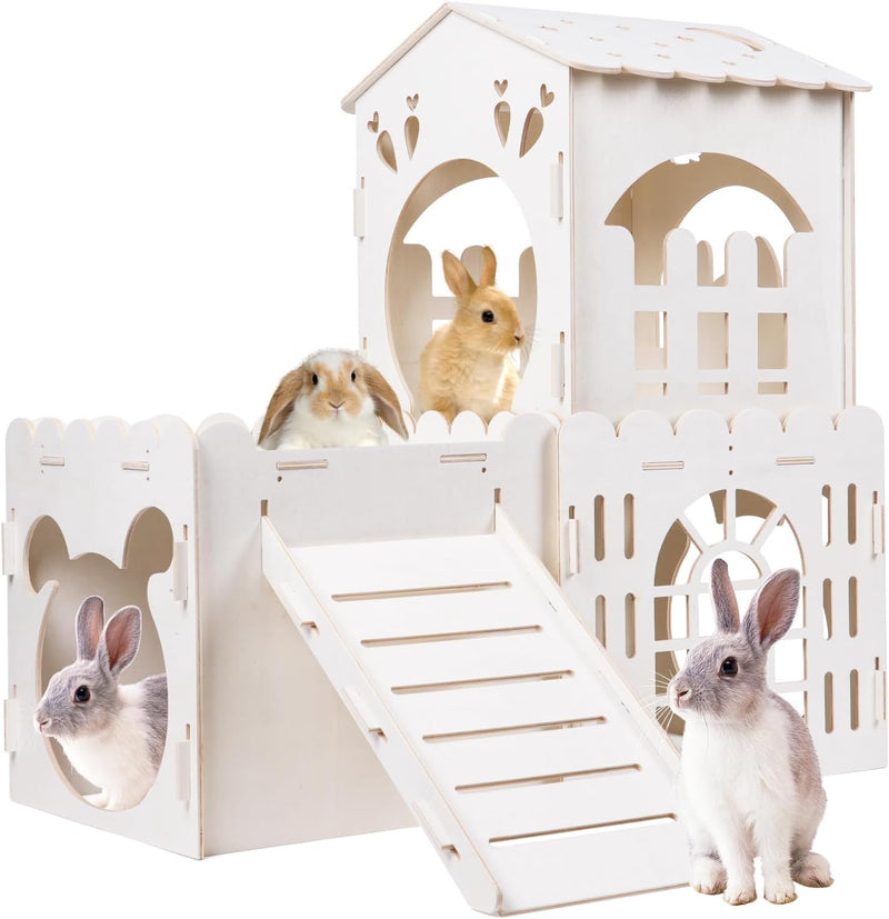 Large Rabbit House, Wooden Bunny Castle with 3 Houses Indoor, Rabbit Guinea Pig Cage Multistory Climbing Tower Sturdy Wo