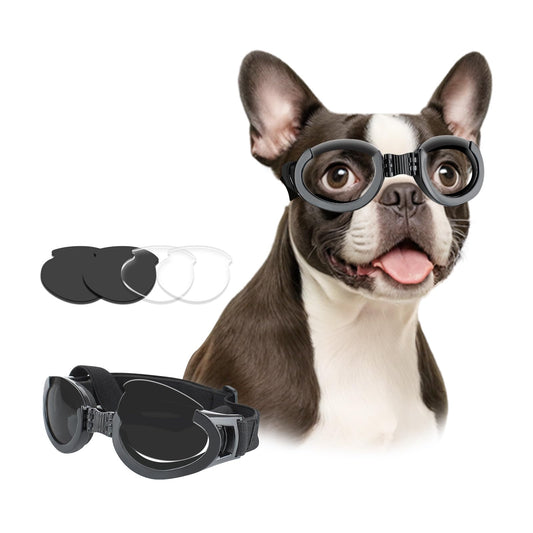 PETLESO Dog Goggles Medium Breeds, Clear UV Protection Dog Sunglasses with Black Replaceable Lenses, Adjustable Dog Glasses for Outdoor Activities Hiking/Camping Windproof Pet Eyewear