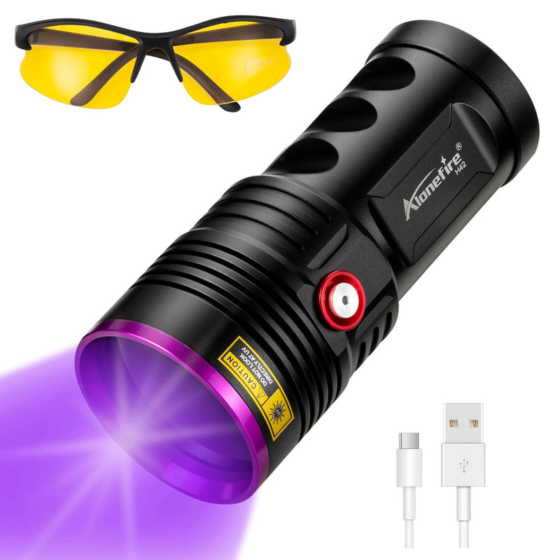 ALONEFIRE H42UV 36W Professional UV Flashlight 365nm High Power Blacklight with Protective Glasses & 4 Batteries