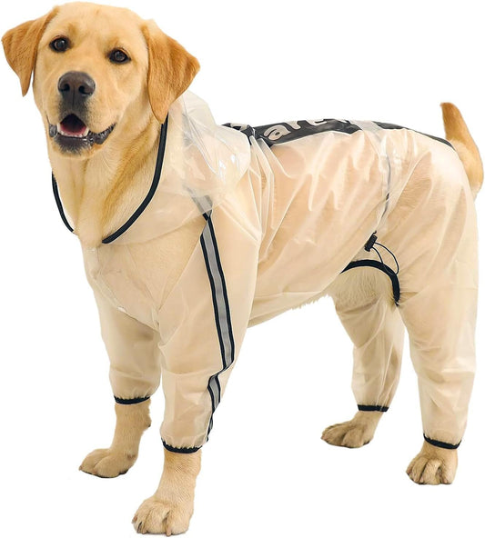 Olsa Dog Raincoat, Dog Hooded Slicker Poncho, 4 Legs Rain Jacket with Reflective Stripe, Water Proof Rain Snow Clothes w