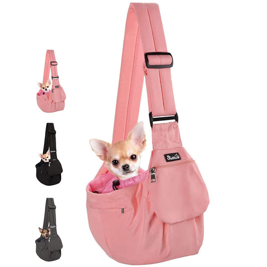 Lukovee Dog Sling Carrier, Hard Bottom Support & Adjustable Soft Padded Shoudler Strap Dog Slings for Small Dogs, Dog Purse with Drawstring Mesh Opening & Zipper Pockets for Puppy Cat Pet (Pink)