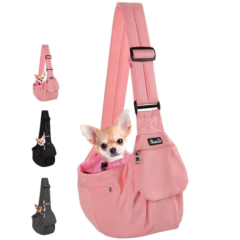 Lukovee Dog Sling Carrier, Hard Bottom Support & Adjustable Soft Padded Shoudler Strap Dog Slings for Small Dogs, Dog Purse with Drawstring Mesh Opening & Zipper Pockets for Puppy Cat Pet (Pink)