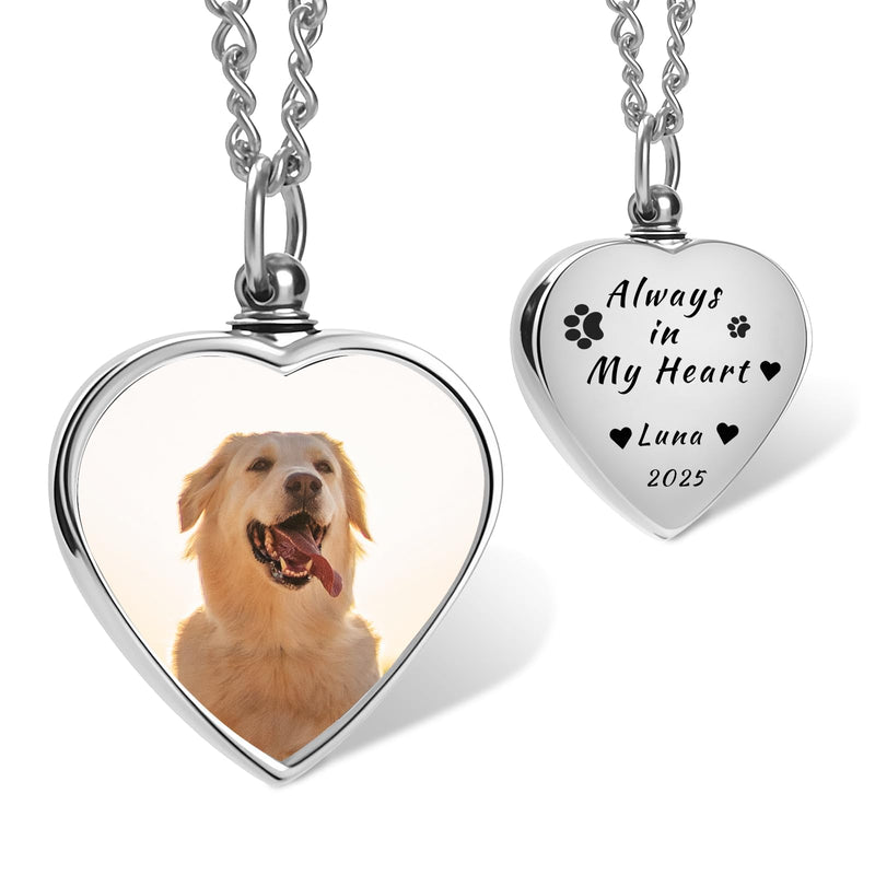 QYH Personalized Pet Ashes Necklace - Memorial Urn Pendant for Dog Cat Ashes with Picture & Text, Cremation Keepsake Jewelry, Customized Gifts for Pet Loss