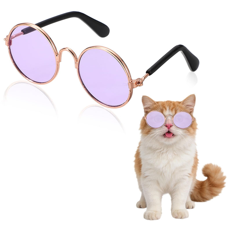 PETAXCELL Dog Sunglasses, Retro Dog Kittens Glasses Classic Metal Glasses Cosplay Costume Photo Props Cute Mini Eyewear, (Round, Purple Lens), Intended for Cat/Puppies/Small Pets