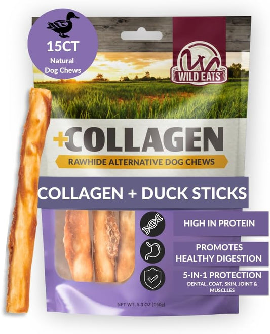 Wild Eats Real Duck Collagen Retriever Bully Sticks for Dogs, 15 Count Pack