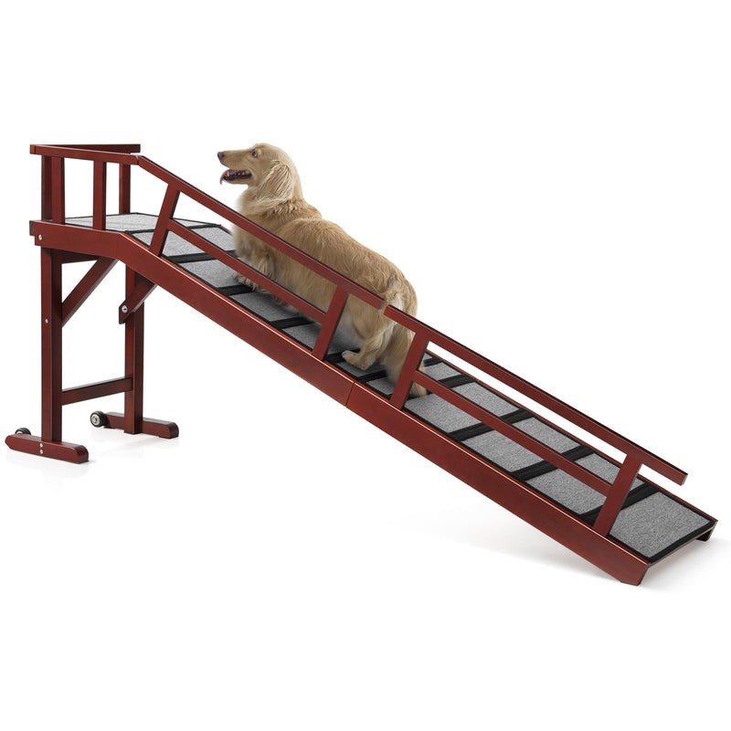 KUVETO Dog Ramp for Bed or Couch, Wooden Pet Ramp with 20° Gentle Slope, Removable Side Rails, Non-Slip Surface, Top Platform & Wheels, Safe Bed Ramp for Small, Large & Senior Dogs, 74