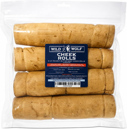 Wild Wolf 9-12" Peanut Butter Beef Collagen Cheek Rolls for Dogs (4 Pack) - 100% Natural Big Dog Chew - No Rawhide - Fre