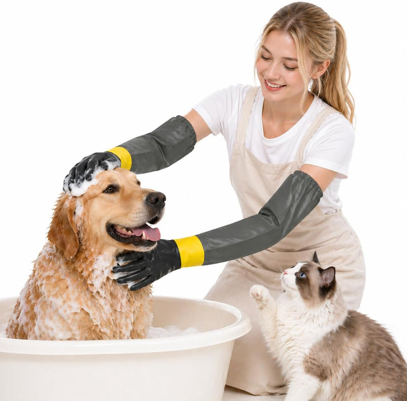 Thickened Pet Bathing Gloves with Waterproof Long Sleeves, 29.5 Inch Rubber Scratch Resistant Handling Gloves for Groomi