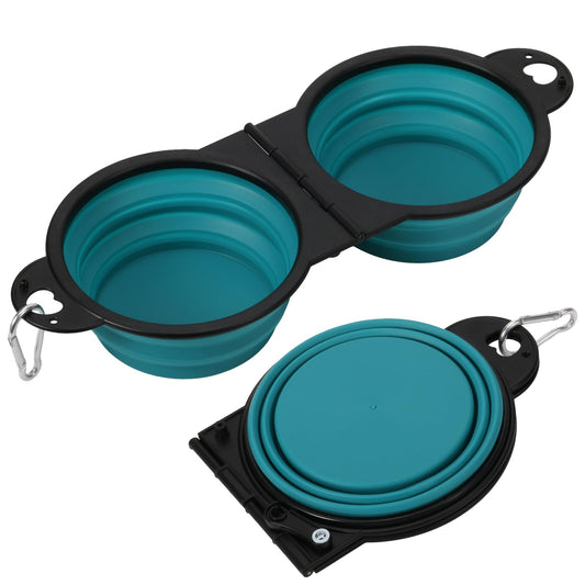 HDhqzm Collapsible Dog Dual Bowls, 2-in-1 with Locking Clip for More Stability 180 Degree Flip Portable Dog Travel Bowl for Water and Food Pet Food Drinker (Dark Green)