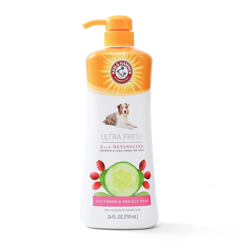 Arm & Hammer Ultra Fresh 2 in 1 Detangling Dog Shampoo and Conditioner with Baking Soda Deodorizer, Moisturizing Pet Wash for Tangles and Odor Control, Cucumber Prickly Pear Scent, 24 Fl Oz