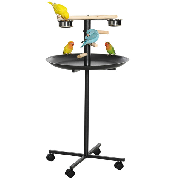 PawHut Bird Play Stand, Portable Parrot Perch, Bird Feeder Station, with Four Wheels, Stainless Steel Feeding Bowls, Round Tray, Grey