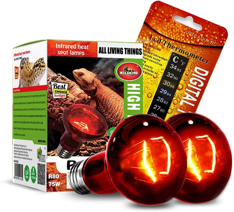 Infrared Heat Lamp Bulbs 75W 2 Pack,Red Basking Spot Light Bulb Reptile Heating lamp for Bearded Dragon,Turtle,Snake,Leo