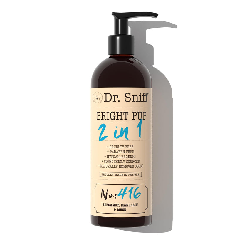 Dr. Sniff 2-in-1 Dog Shampoo & Conditioner, Bright Pup Scent, Bergamot, Mandarin & Musk, Gentle Grooming Formula for Dogs & Cats, Long-Lasting Fragrance, Made in USA, 16 oz