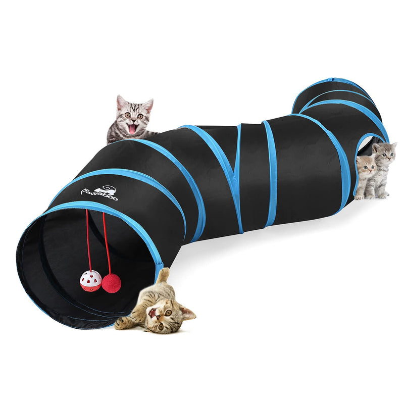 Pawaboo Cat Toys, Cat Tunnel Tube S-Shaped Tunnels 25x97cm Extensible Collapsible Cats Play Tent Interactive Toy Maze Cats House with Balls and Bells for Kitten Kitty Rabbit Small Animal, Blue