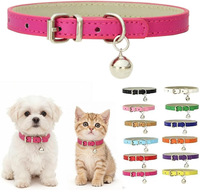 Hot Pink Kitten Collar with Bell, Soft Pu Leather Small Dog Collars Adjustable Buckle for XXS XS Extra Small Medium Tiny