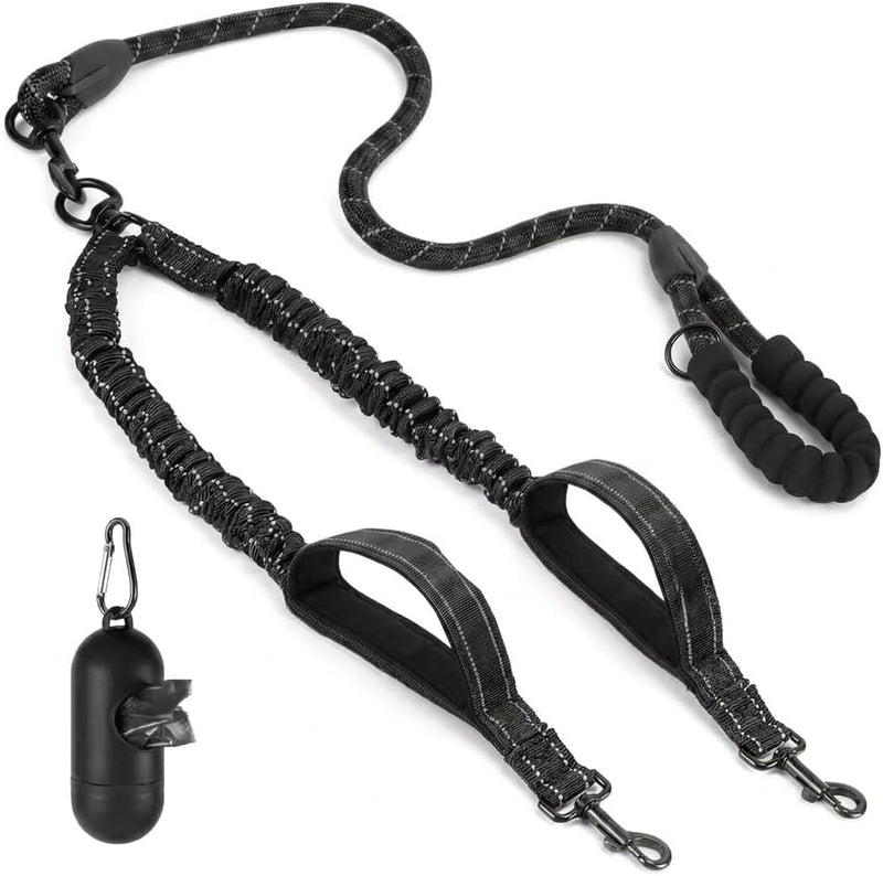 Double Dog Leash, Reflective Shock Absorbing Bungee for 2 Dogs