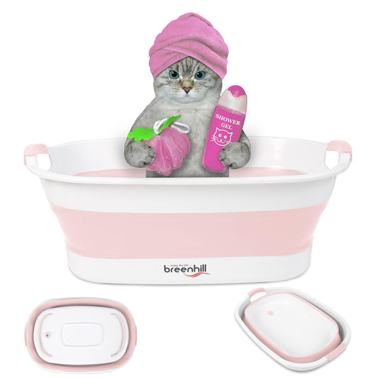 BREENHILL Collapsible Dog Bath Tub for Small Dogs & Cats, Portable Puppy Bath Tub with Water Drain Plug, Space Saving Foldable Pet Bathtub for Indoor & Outdoor Use, Pink