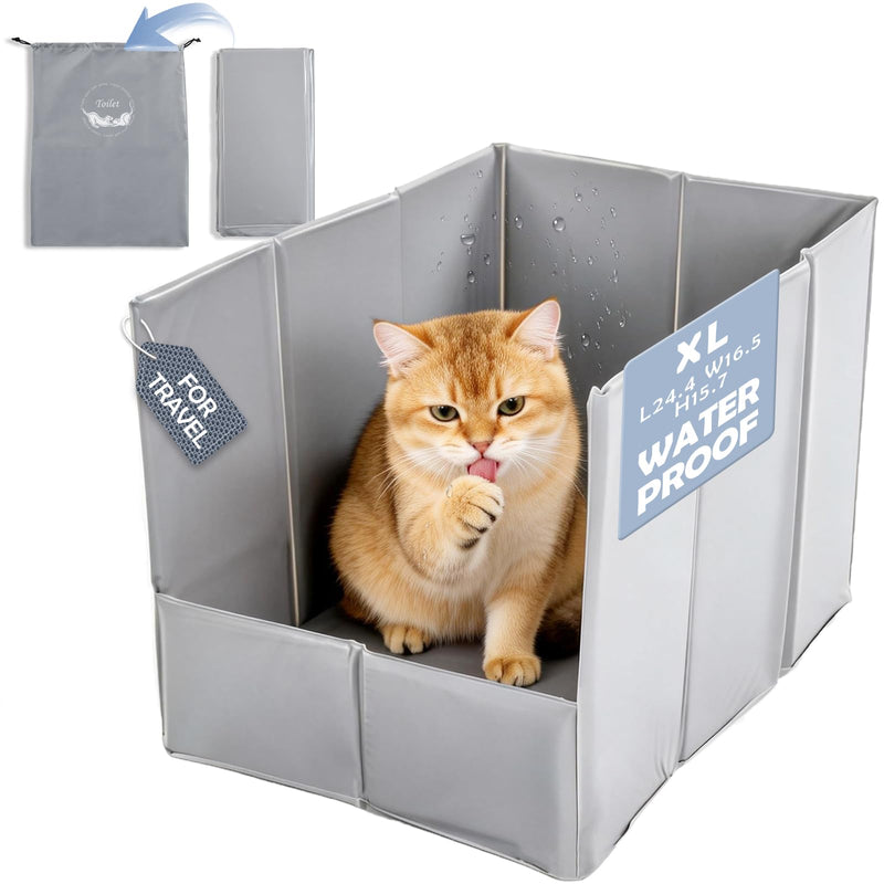 MEEXPAWS Travel Litter Box for Cats, XL Portable Litter Box Waterproof, High Sided Collapsible Foldable with Carry Bag, 24.4x16.5x15.7 inch Leakproof Easy Clean for Car Hotel Traveling Camping