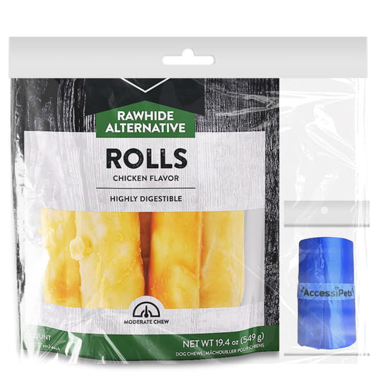 AccessiPets Dog Chews Bundles for Large Dogs, 7 Inch Rawhide Alternative Retriever Rolls Bundle with 1 Waste Bag Roll, Long-Lasting Dental Treats (Chicken, 19.4 oz)