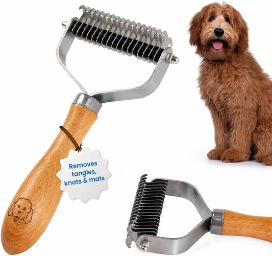 Pet Dematting Comb for Dogs and Cats with Wood Handle, Deshedding Undercoat Rake with Stainless Steel Blades, Pet Comb for Detangling Thinning and Shedding, All Hair Types [We Love Doodles]
