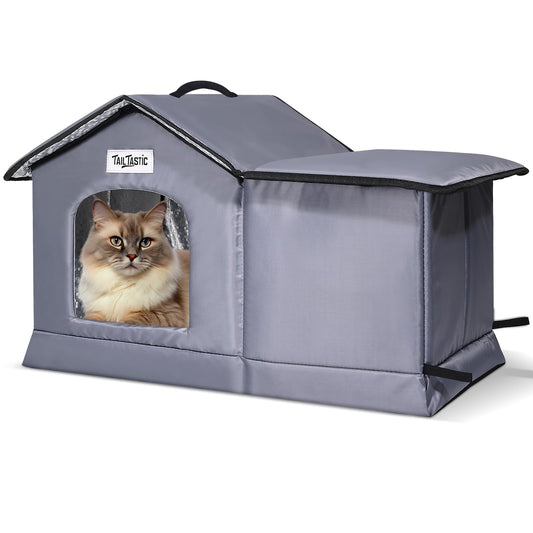 Outdoor Cat House Weatherproof & Insulated for Winter - Upgraded Seamless Bottom Feral Cat Shelter, Waterproof Cat Houses for Outdoor Cats, Easy to Assemble Outside Cat House with Mat(Grey, L)