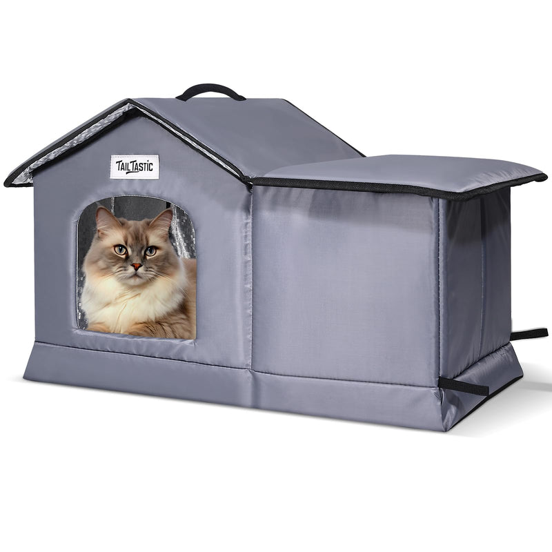 Outdoor Cat House Weatherproof & Insulated for Winter - Upgraded Seamless Bottom Feral Cat Shelter, Waterproof Cat Houses for Outdoor Cats, Easy to Assemble Outside Cat House with Mat(Grey, L)
