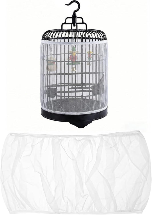 2 Pcs Bird Cage Seed Catcher, Adjustable Bird Cage Net Cover, Reusable Soft Nylon Cover for Parrot Enclosures (White)