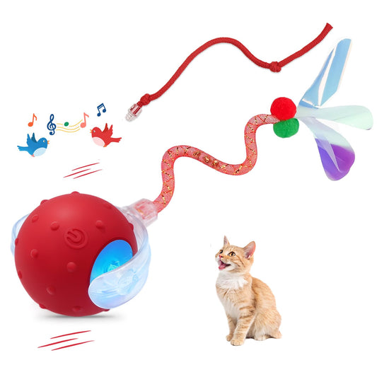 Interactive Cat Ball Toy, Chirping Motion Activated Electric Rechargeable Cat Toy with 2 Replaceable Tails, Self Play Hunting Rolling Indoor Cat Toys for Bored Adult Cats & Kittens - Boredom Busters