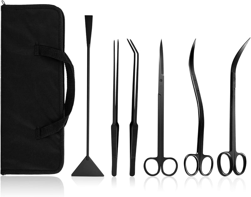 Aquascaping Tools 7 in 1 Kit Aquarium Plant Scissors Tools Set Curved & Waved Scissor Tweezers Spatula Stainless Steel A
