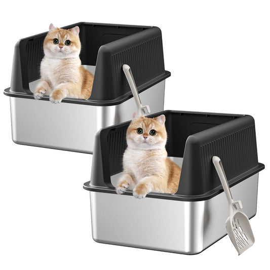 2PACK Stainless Steel Cat Litter Box with Lid,19.7” L x 13.8” W x 11.8”H Deep,Large Metal Litter Box with High Side,for Small and Large Cats,Anti-Leakage Non-Sticky Include Litter Scoop
