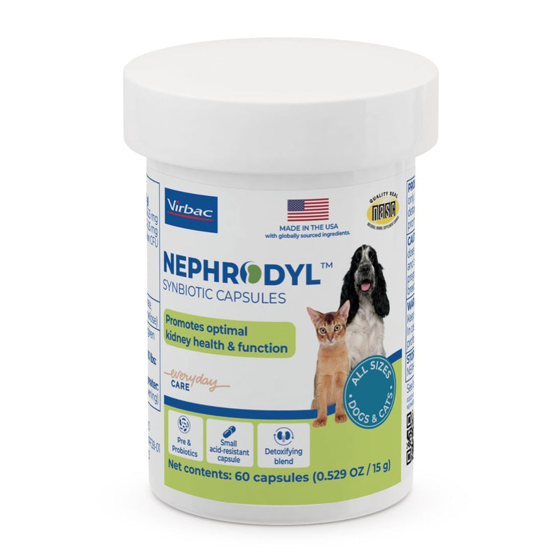 Virbac NEPHRODYL® Synbiotic Capsules - Kidney Support Supplement for Cats & Dogs, Probiotics & Prebiotics for Digestive Health, Small & Easy-to-Swallow Capsules, Made in The USA