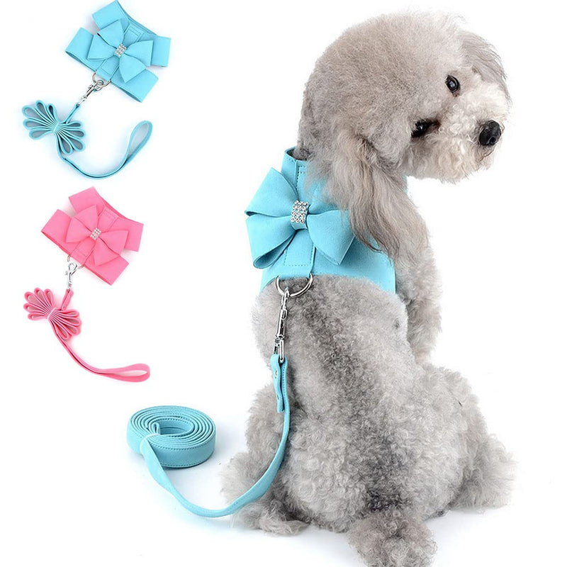 SELMAI Bling Rhinestone Dog Harness and Leash Set, Soft Faux Suede Puppy Vest with Bow for Small Dogs, No-Pull Adjustable Wrap-Around Cat Harness for Chihuahua Yorkie