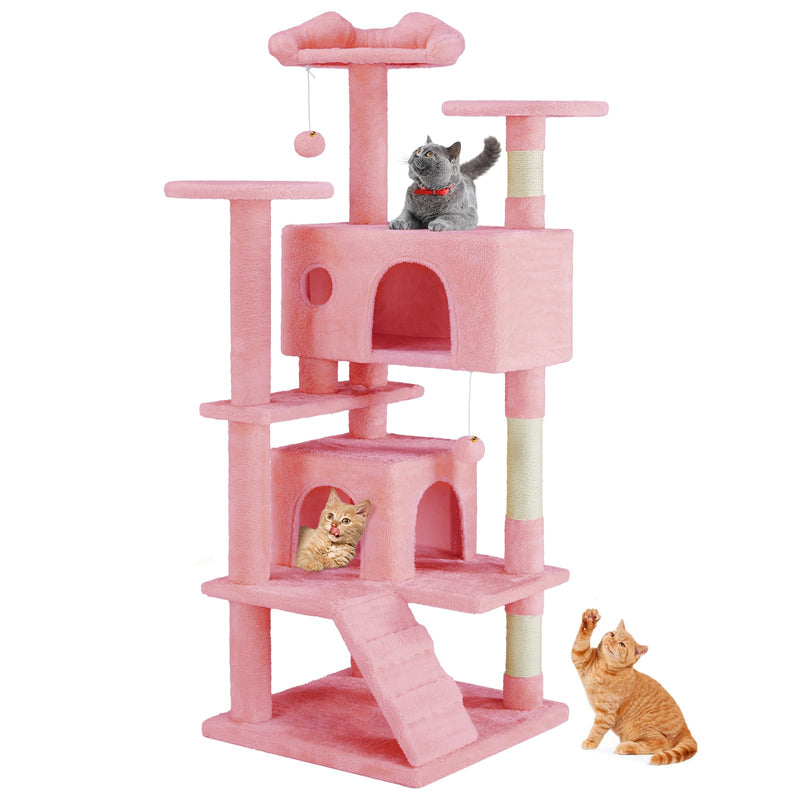 Sweetcrispy 54 Inch Cats Tree Tower, Multi-Level with Cat Scratching Post, Indoor Cat Condo with Climbing Ladder, Plush Toy, Play House for Cats, Pink
