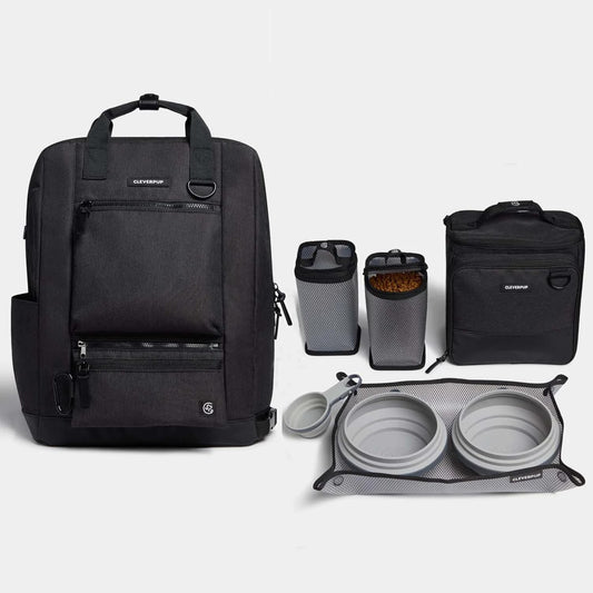 Cleverpup Ultimate Dog Travel Bundle Large 7-piece Bistro Box Dog Travel Kit & Porter Dog Gear Backpack in Graphite