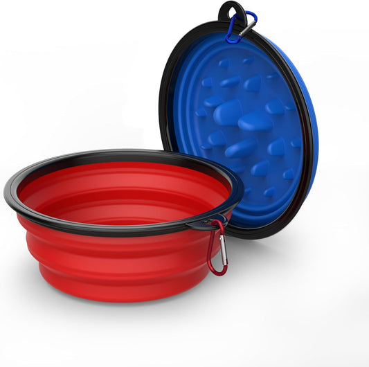 Thybx Dog Bowl Pet Collapsible Bowls Slow Feeder Dog Bowls, 2 Pack for Cats Dogs 34 oz, Portable Foldale Pet Water Food Feeding Dishes for Walking Hiking Traveling with 2 Carabiners (Blue+Red)