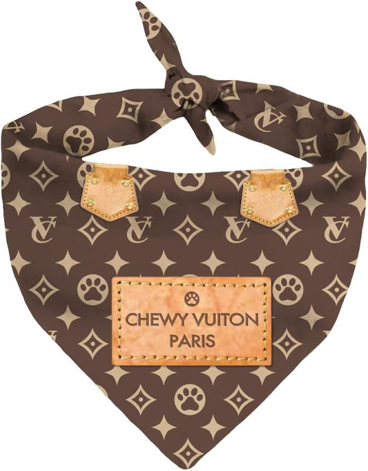 Chewy Vuiton Dog Bandana Designer Fashion Scarf Kerchief for Small Medium and Large Dogs, Funny Parody Gift for Girl or 