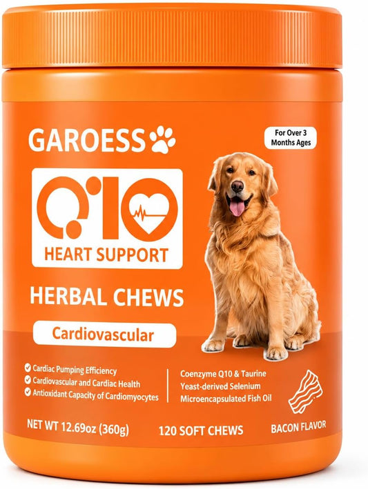 GAROESS CoQ10 Heart Chew for Dogs, Support Dogs Heart Health, Cognitive & Energy, CoQ10 Chews for Cardiovascular & Gum Health & antioxidant Protection, Bacon Flavor, 120 Count (1 Pack)