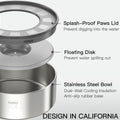 Feedoo 1Gallon No Spill Water Bowl for Dogs, Double-Wall Stainless Steel with Splash-Proof Paws Lid and Floating Disk, Non-Slip Base, Easy to Clean Slow Water Feeder for Large Medium Dogs