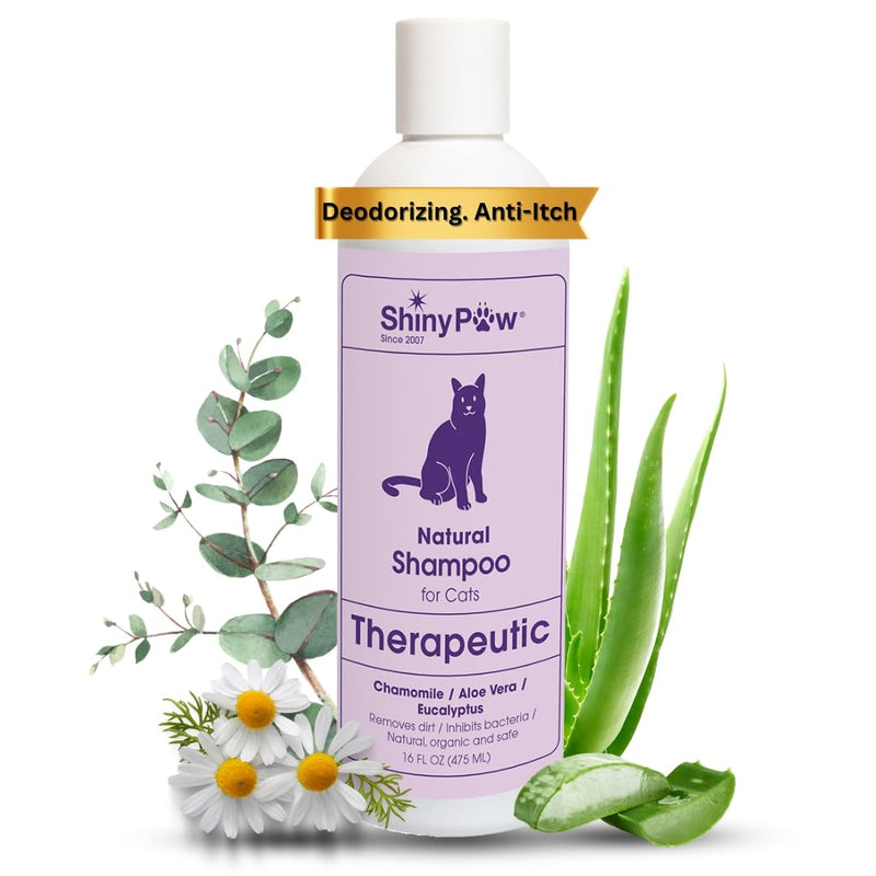 Natural Cat Shampoo for Itchy Skin with Chamomile, Aloe Vera & Eucalyptus by Shiny Paw 16 oz | Hypoallergenic Feline Shampoo for Sensitive Skin Itch Relief | for Adult & Senior Cats | Made in USA