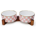 Podinor Ceramic Dog Bowls for Medium Dogs, 3.5 Cups Checkered Dog Food and Water Bowl with Acacia Wood Stand, Non-Slip Anti-Tip Elevated Feeding Station, Pink and White